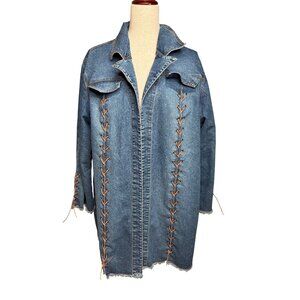 VTG Caran New York 1x Denim Lace Up Jacket Duster Distressed Boho Western Grunge